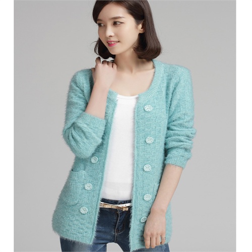 晴时qingshi 秋冬新款女装简约圆领针织开衫外套q.shi0812fn_青色,l