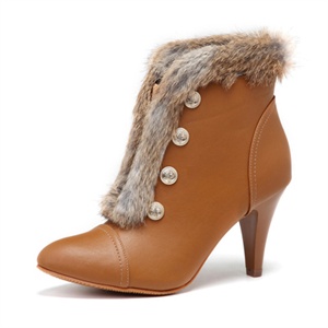 2011达芙妮柔情暖心--拿破仑风金属扣奢华兔毛靴口高跟踝靴